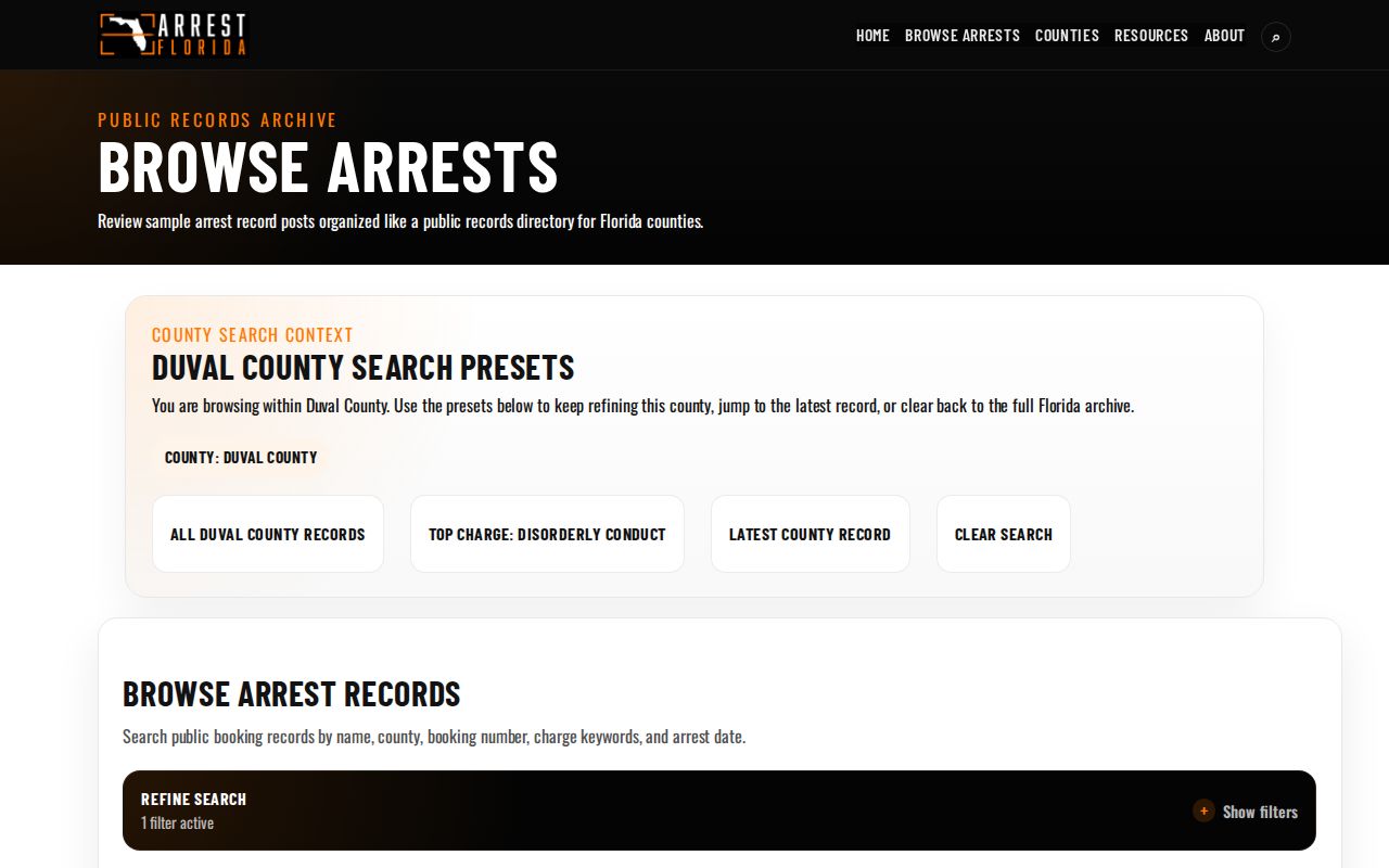 Unofficial Arrest Florida filter for Duval County booking records