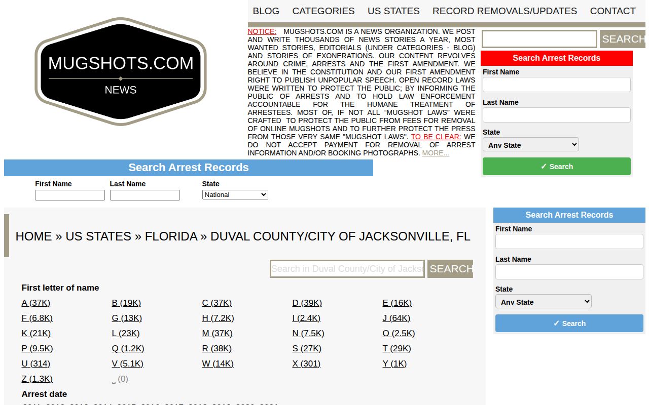 Mugshots.com page with unreliable Duval County arrest record taxonomy