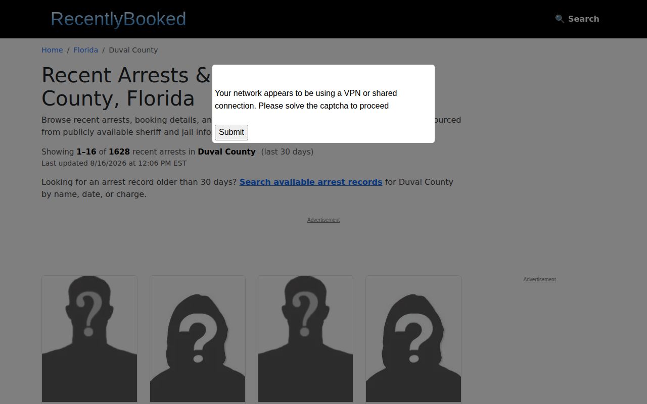Unofficial Recently Booked page for Duval County arrest records