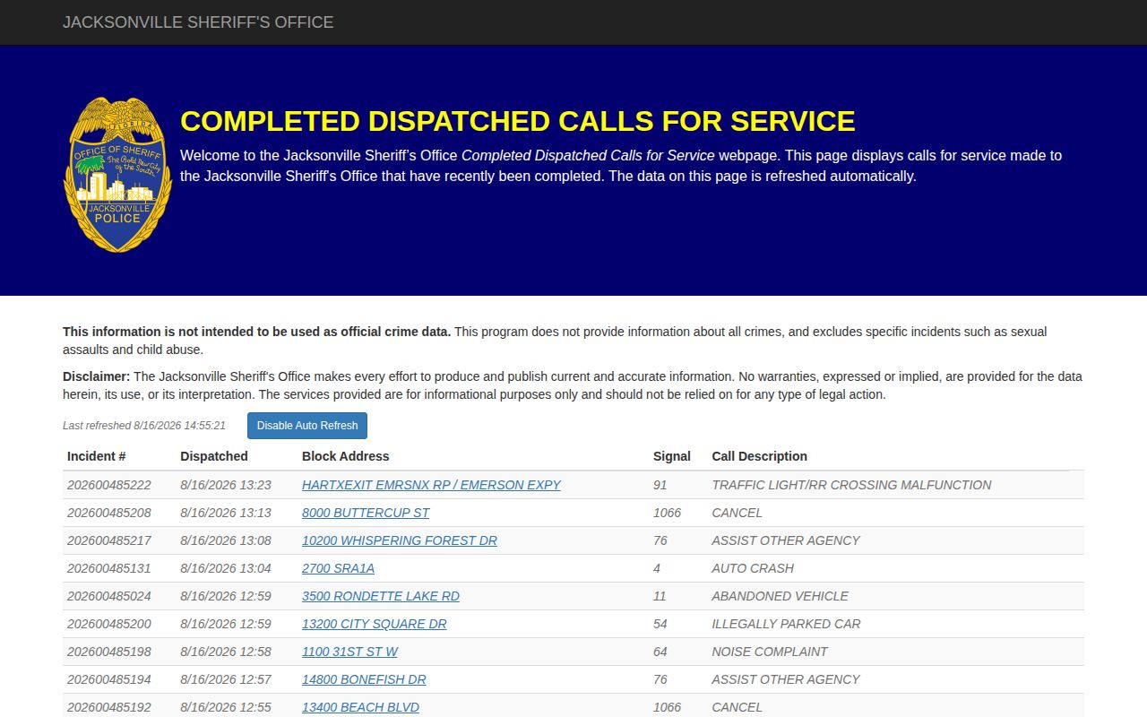 Jacksonville Duval County completed calls record interface, not an arrest feed